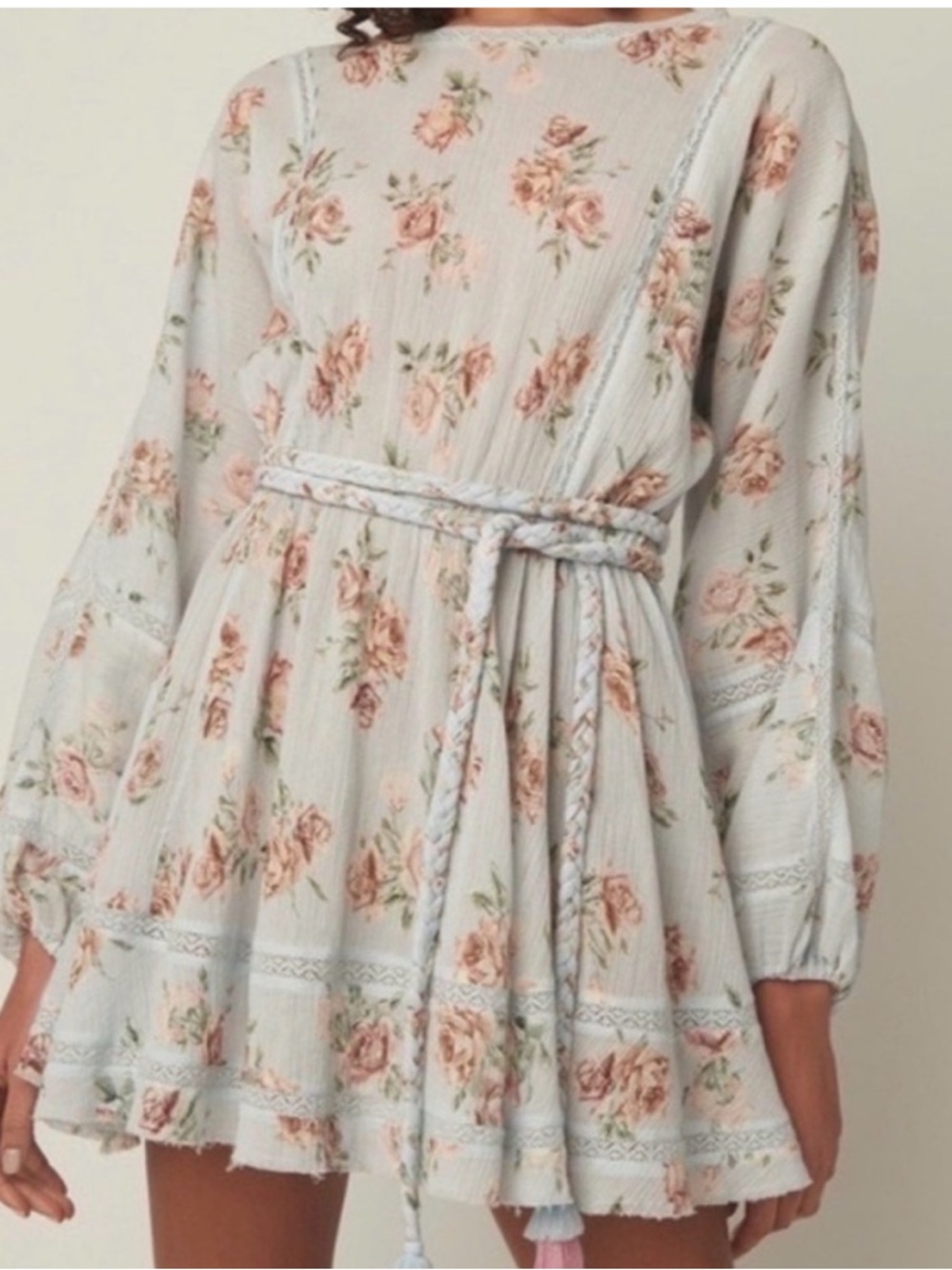 LoveShackFancy Pale Blue Rose Print Tassel Belt Mini Dress Noelle